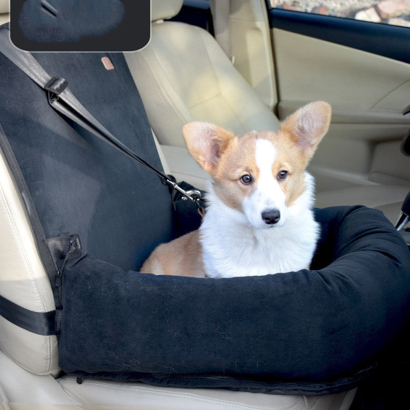 Dog car travel kennel with cushion shown from the front