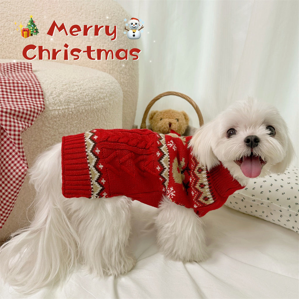 Christmas dog sweater in red and green with gingerbread and reindeer designs