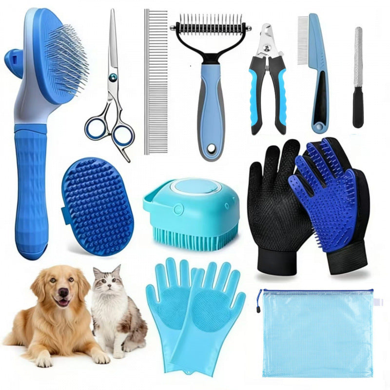 Pet grooming and care kit showing the included grooming accessories