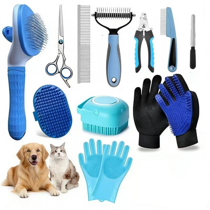 Pet grooming and care kit showing the included grooming accessories
