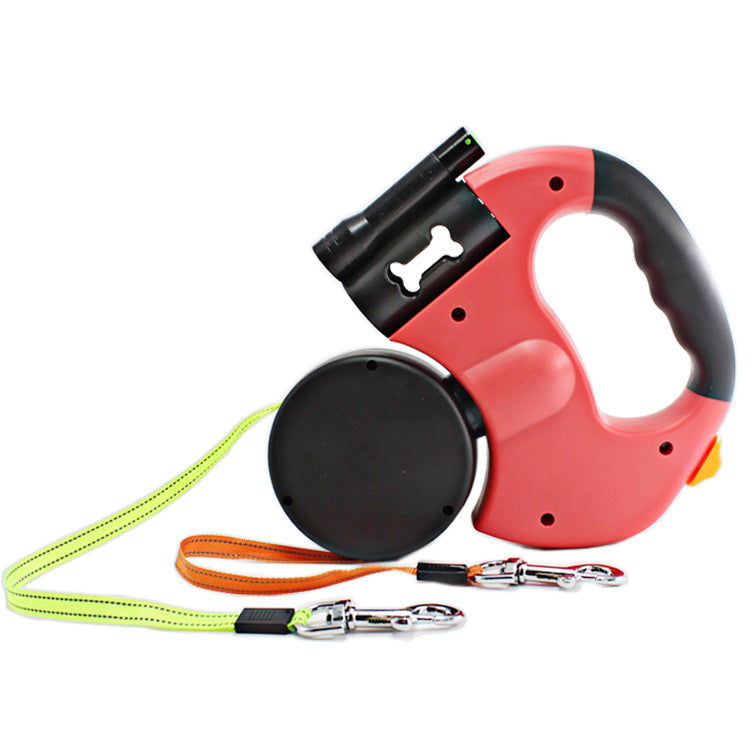 Retractable dog leash with flashlight and integrated handle design