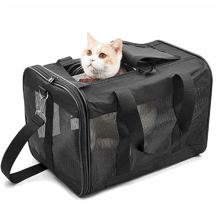 Portable pet carrier bag shown in its unfolded carrying shape