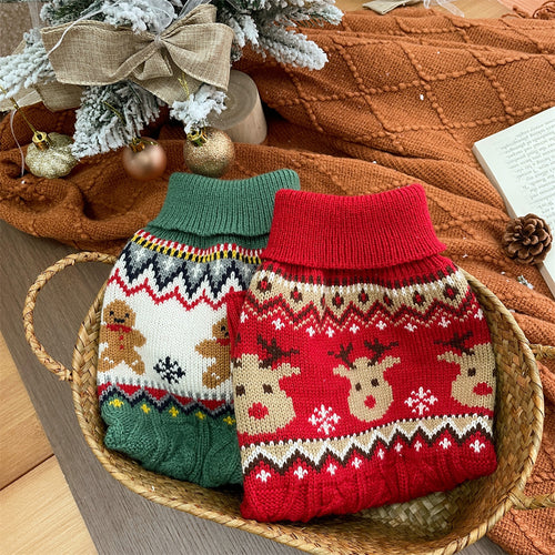 Christmas dog sweater in red and green with gingerbread and reindeer designs