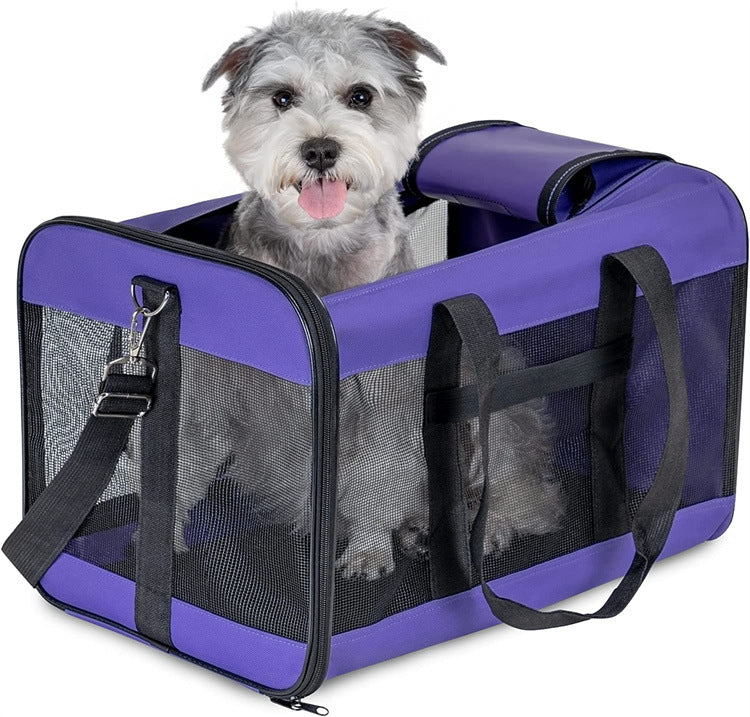 Portable pet carrier bag shown in its unfolded carrying shape
