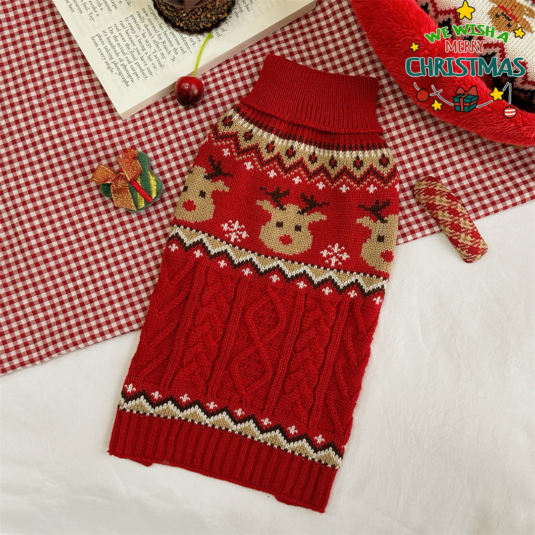 Christmas dog sweater in red and green with gingerbread and reindeer designs