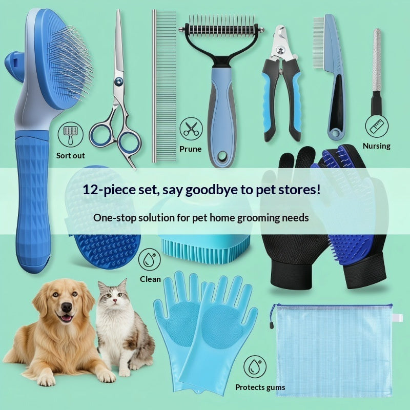 Pet grooming and care kit showing the included grooming accessories