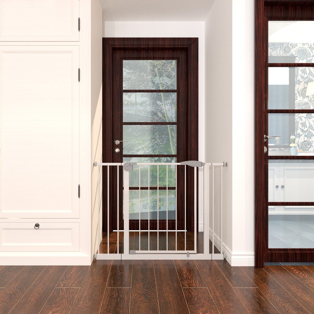 Pressure mounted pet gate in white for indoor doorways