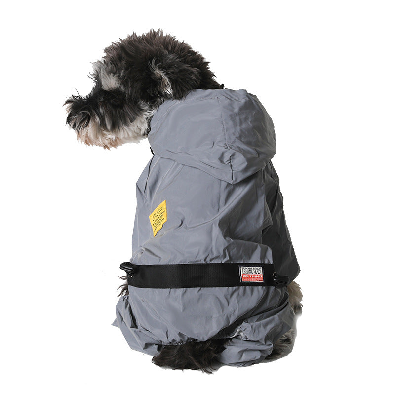 Reflective dog raincoat shown on a dog during an outdoor walk