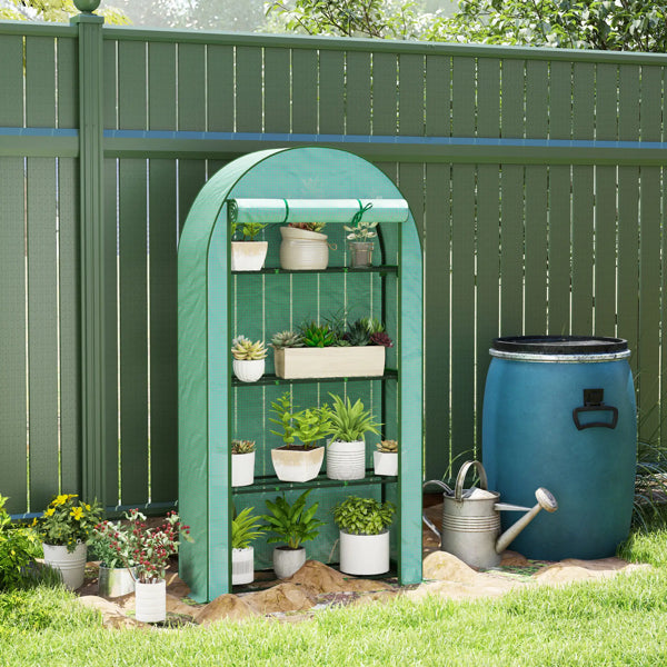 Walk-in greenhouse set up outdoors for growing potted plants