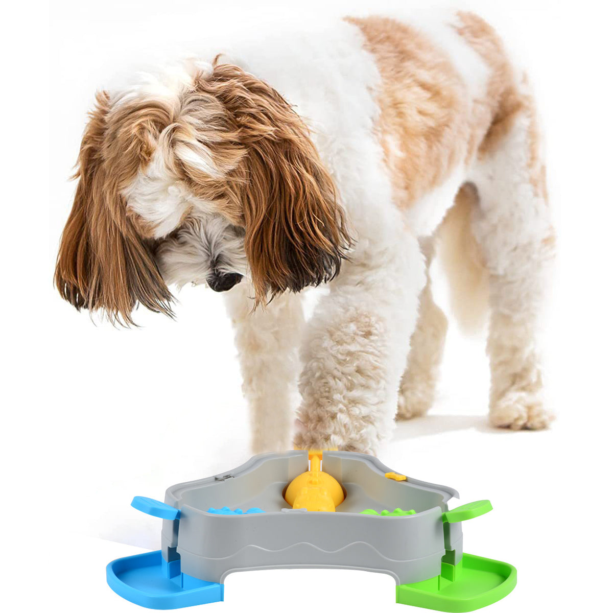 Pet slow feeder toy with a puzzle-style food dispensing design