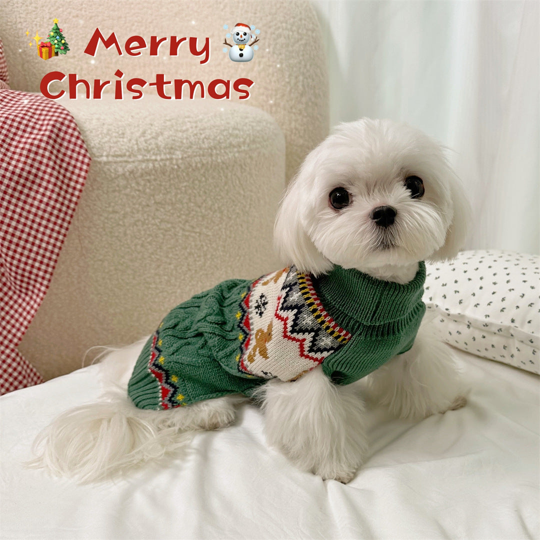 Christmas dog sweater in red and green with gingerbread and reindeer designs
