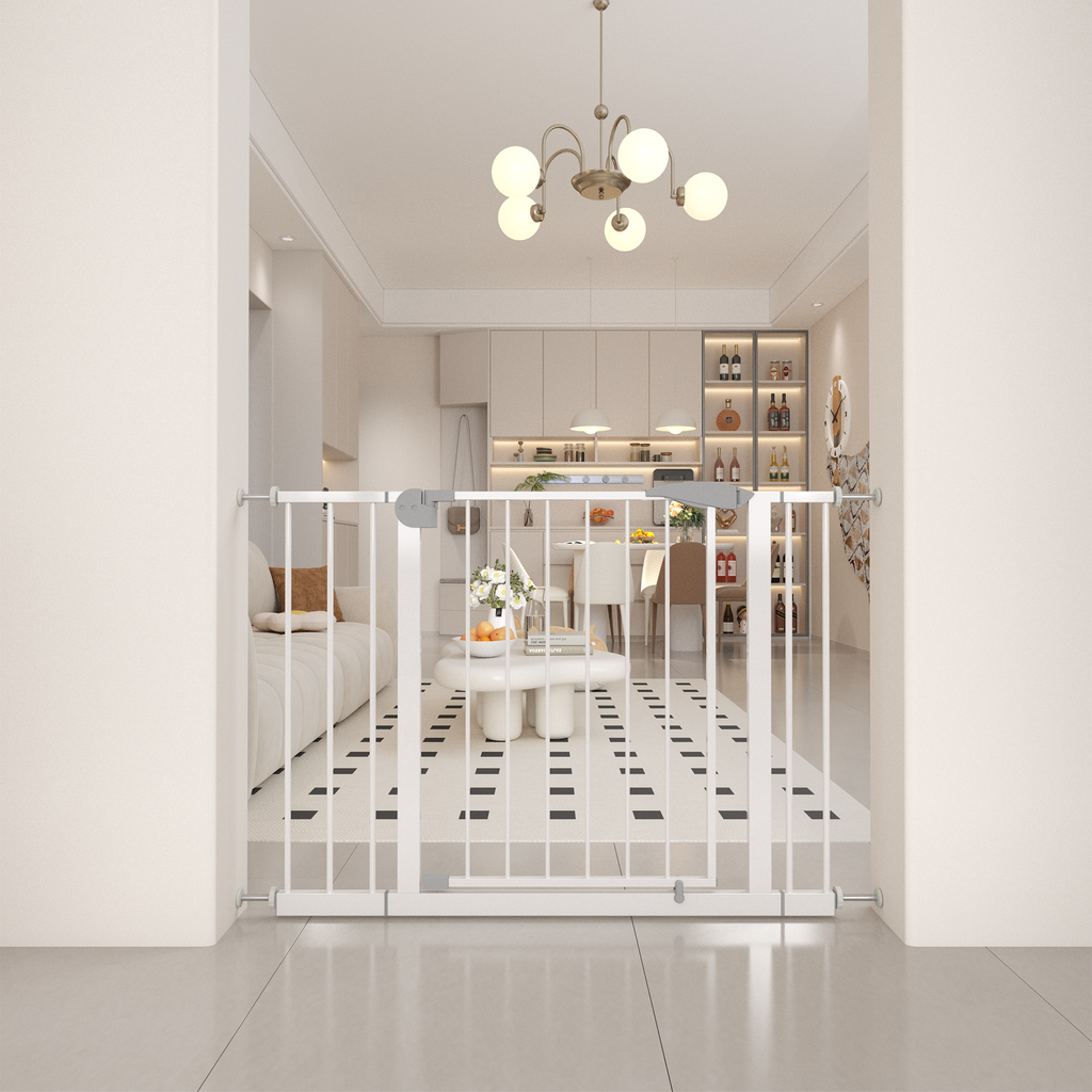 Pressure mounted pet gate in white for indoor doorways