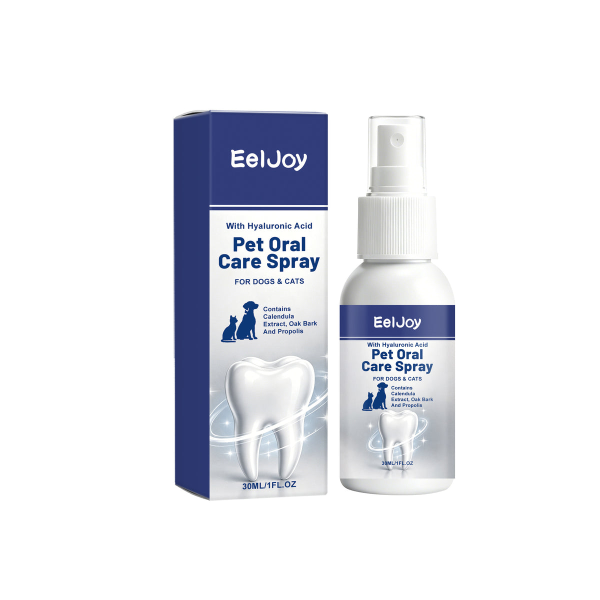 Pet oral care spray bottle displayed with its product packaging