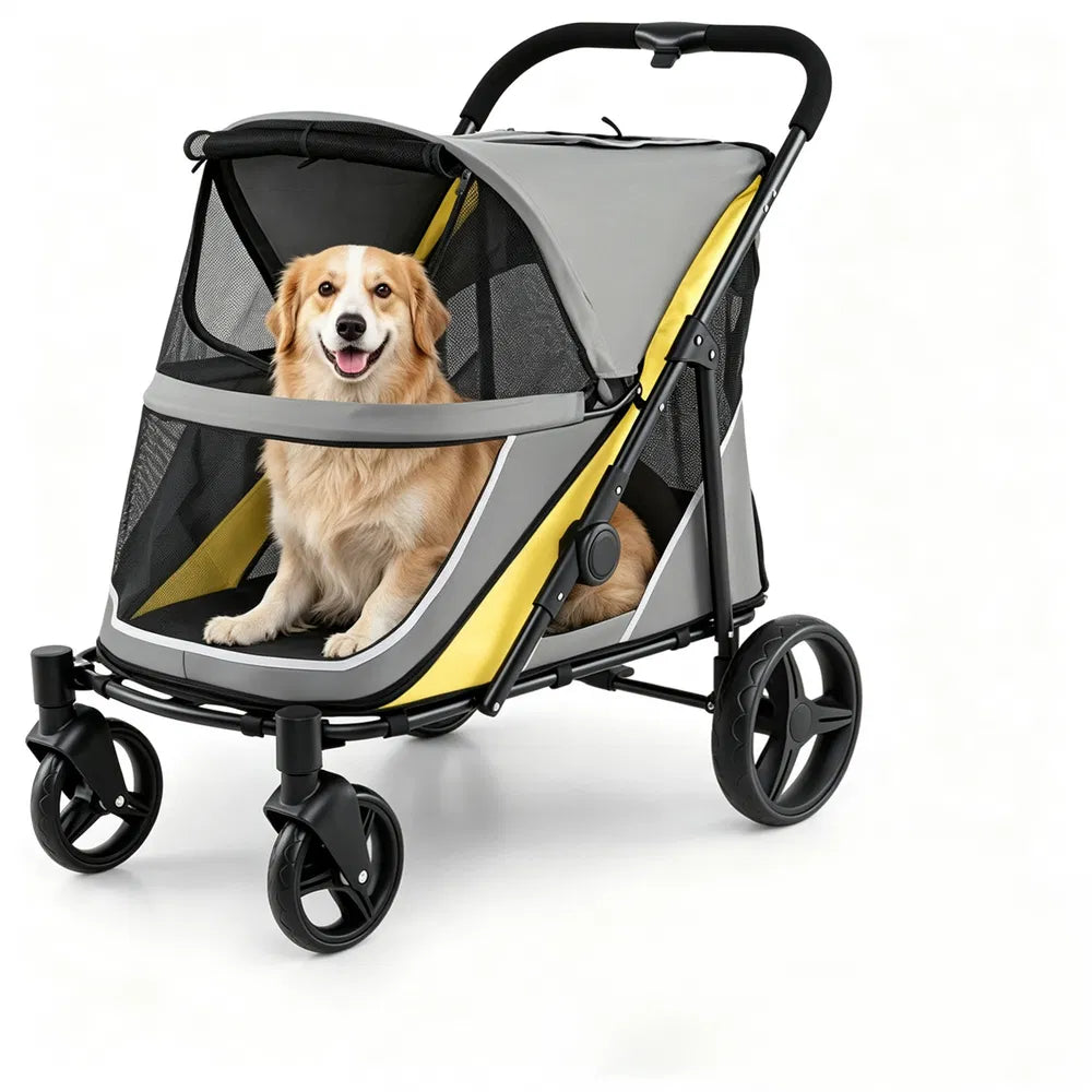 Large dog stroller showing the full foldable frame and pet compartment
