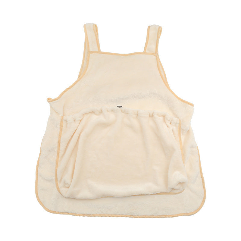 Pet carrier apron with plush pocket shown from the front