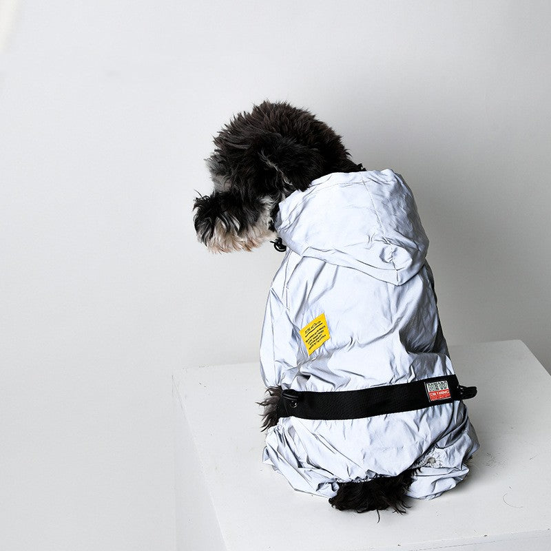 Reflective dog raincoat shown on a dog during an outdoor walk