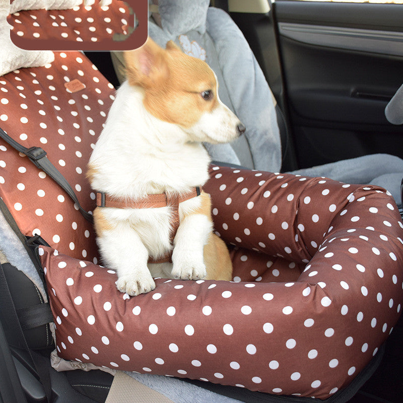 Dog car travel kennel with cushion shown from the front