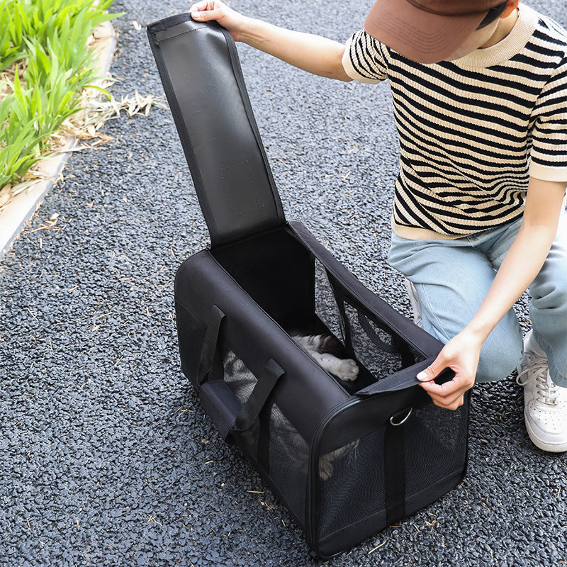 Portable pet carrier bag shown in its unfolded carrying shape