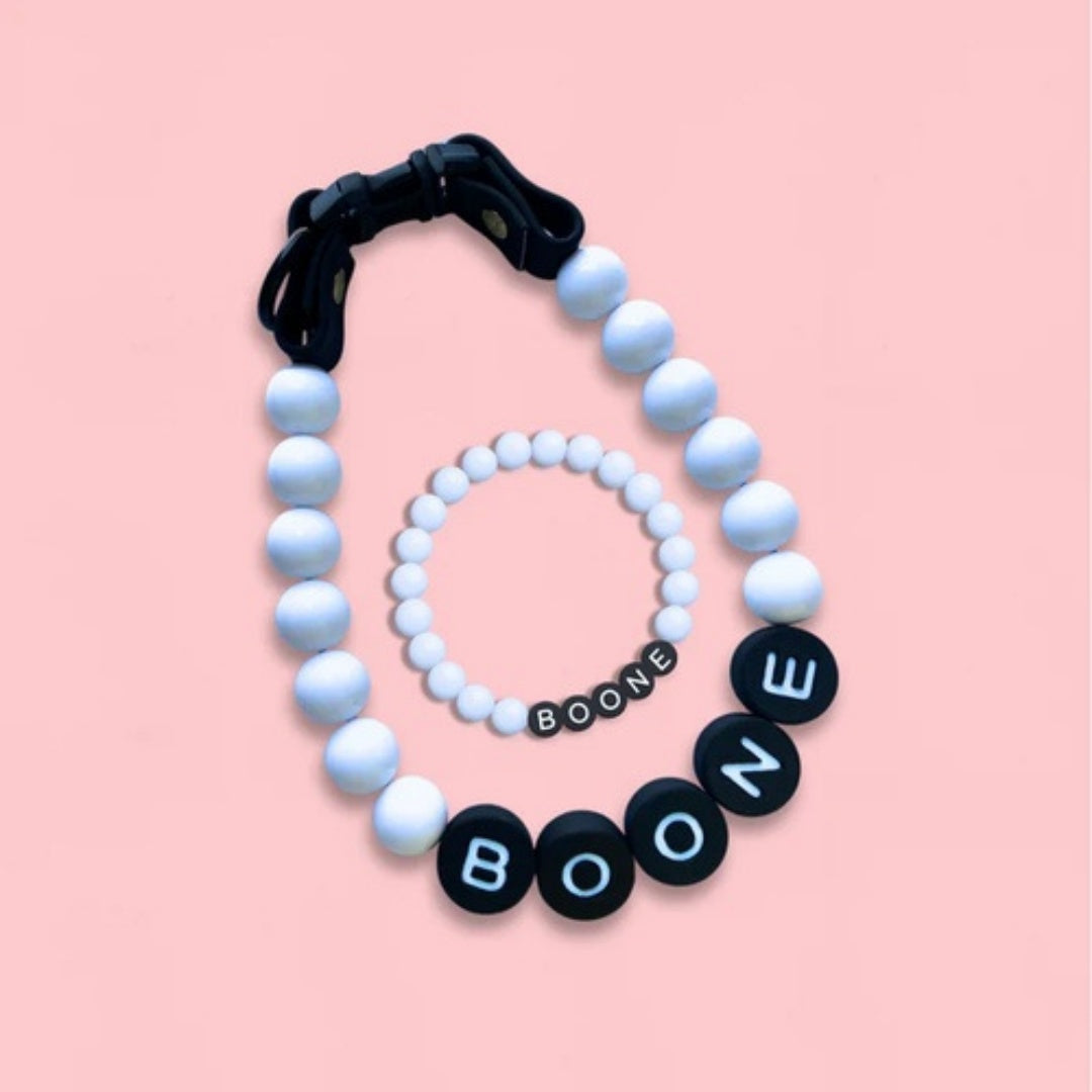 Personalized pearl beaded dog collar with custom name