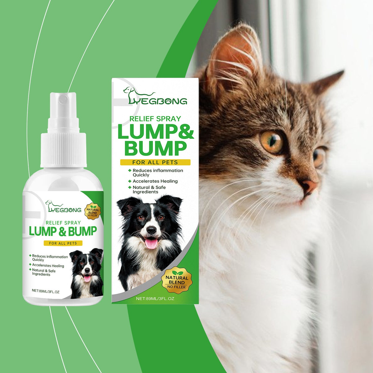 Pet body care spray by Yegbong in its product packaging