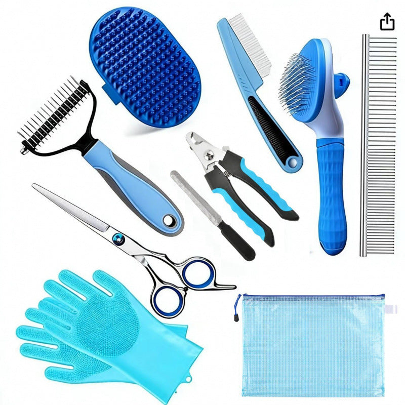 Pet grooming and care kit showing the included grooming accessories