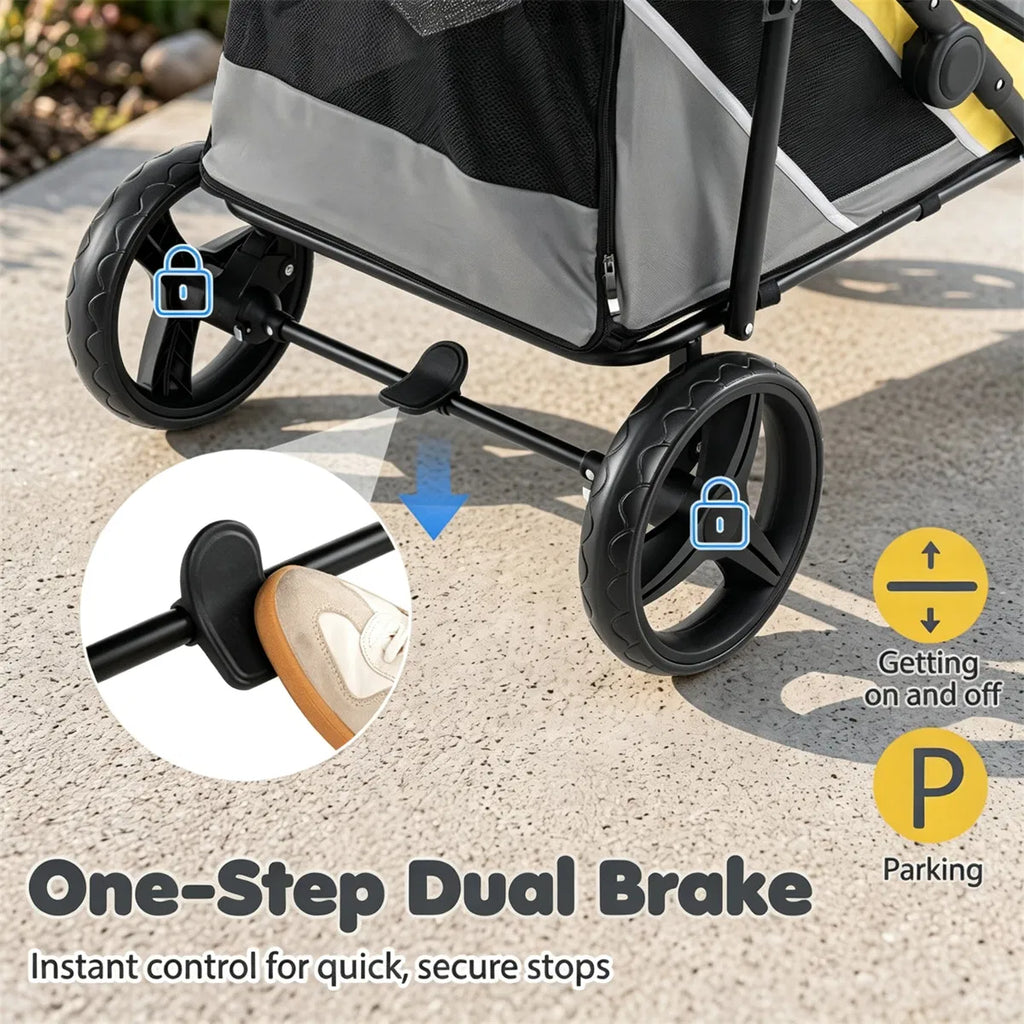 Large dog stroller showing the full foldable frame and pet compartment