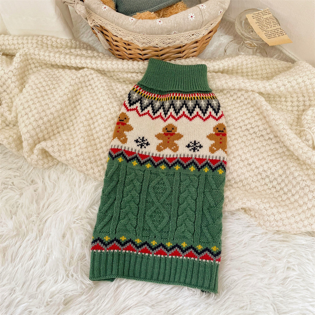 Christmas dog sweater in red and green with gingerbread and reindeer designs