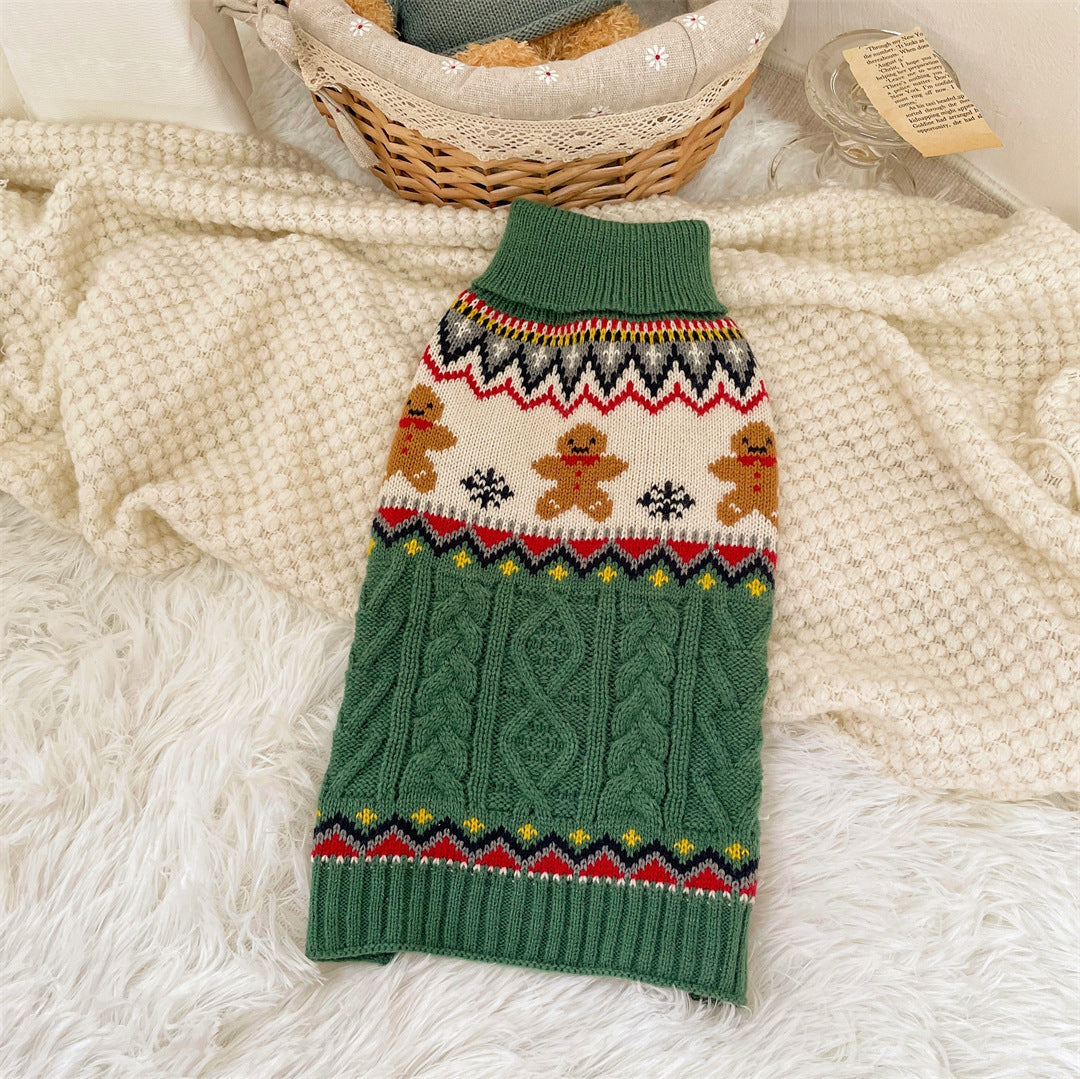 Christmas dog sweater in red and green with gingerbread and reindeer designs