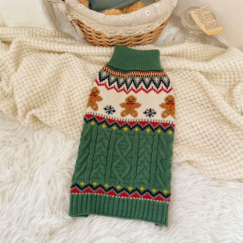 Christmas dog sweater in red and green with gingerbread and reindeer designs