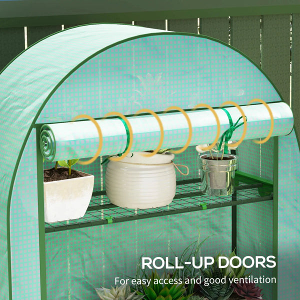 Walk-in greenhouse set up outdoors for growing potted plants