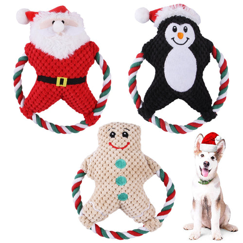 Christmas plush dog toy with festive holiday-themed design