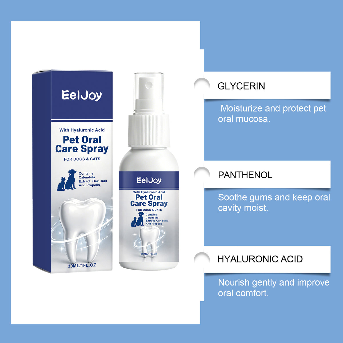 Pet oral care spray bottle displayed with its product packaging