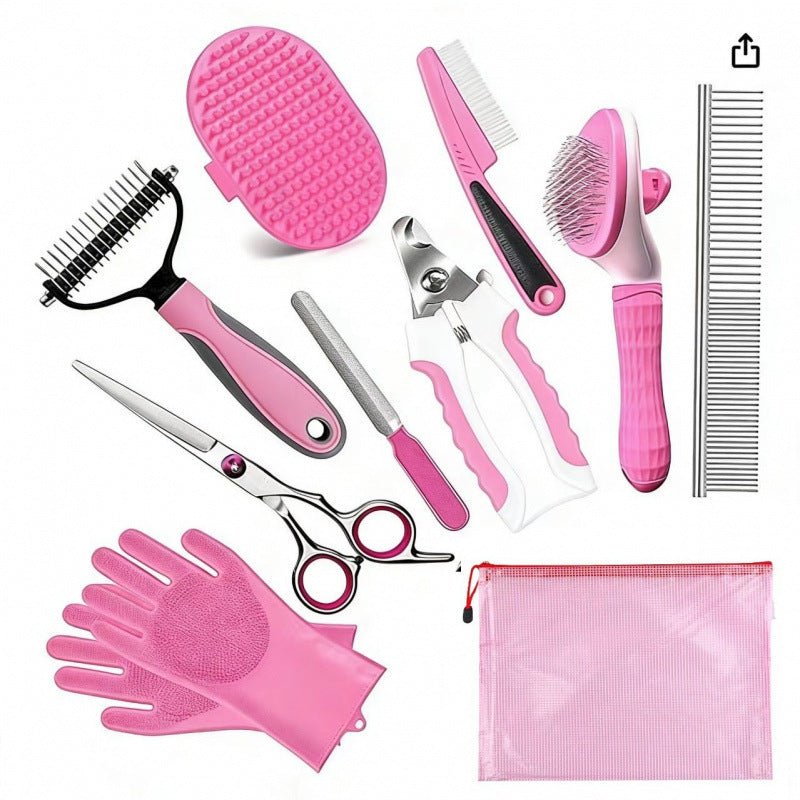 Pet grooming and care kit showing the included grooming accessories