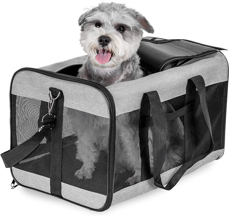 Portable pet carrier bag shown in its unfolded carrying shape
