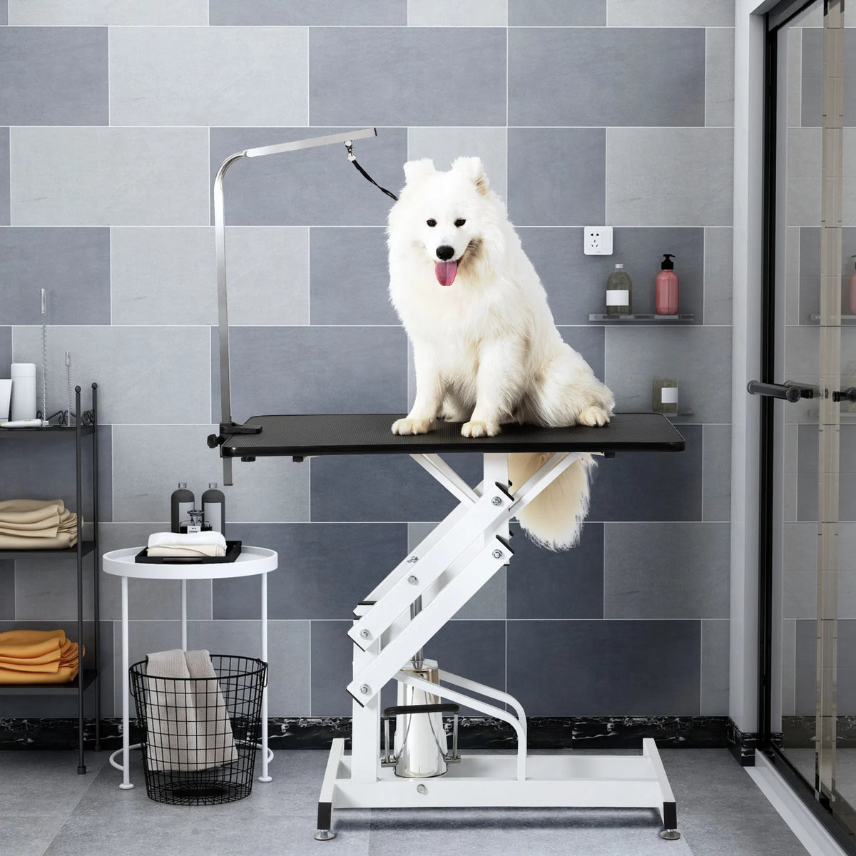 Hydraulic dog grooming table with a large tabletop and Z-lift base