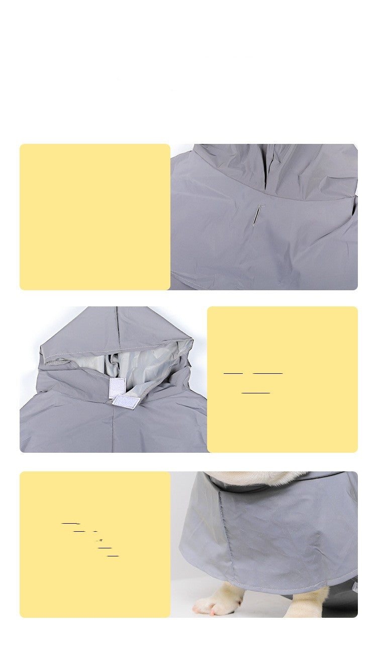 Reflective dog raincoat shown on a dog during an outdoor walk