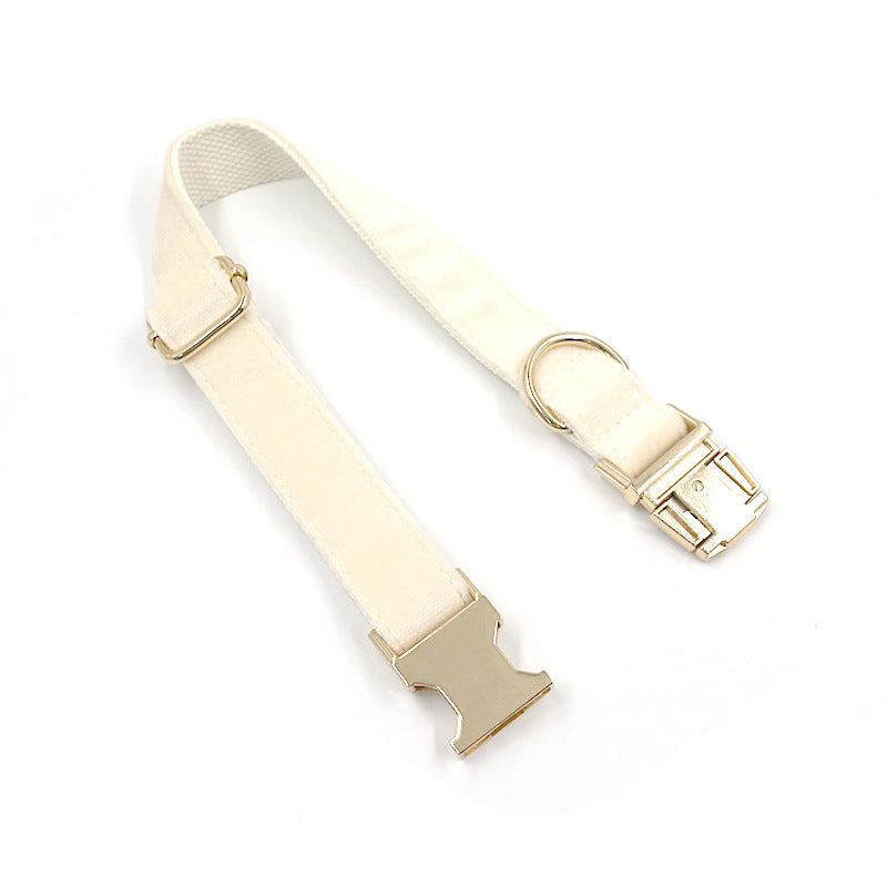 1. Cream dog collar with tufted texture and gold-tone buckle  2. Cream dog collar displayed flat to show its overall design  3. Cream dog collar close-up showing the gold-tone buckle detail  4. Cream dog collar showing the tufted surface texture  5. Cream dog collar worn by a dog during an outdoor walk  6. Cream dog collar displayed alongside coordinating pet accessories