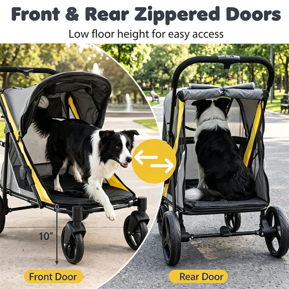 Large dog stroller showing the full foldable frame and pet compartment