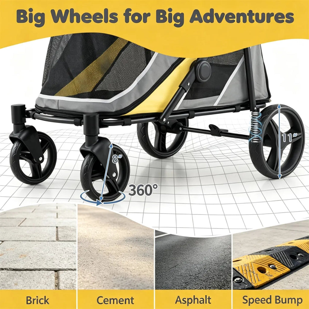 Large dog stroller showing the full foldable frame and pet compartment
