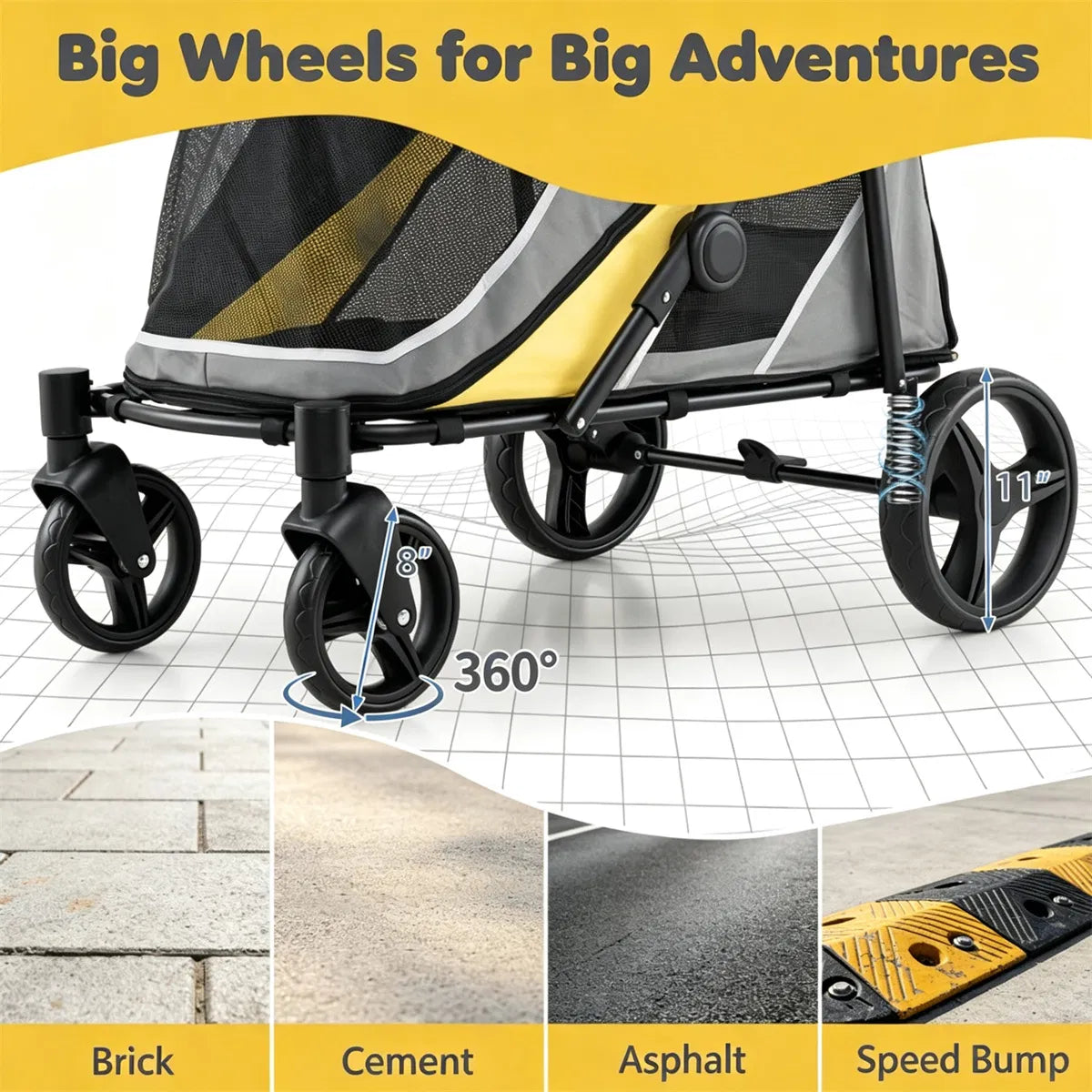 Large dog stroller showing the full foldable frame and pet compartment