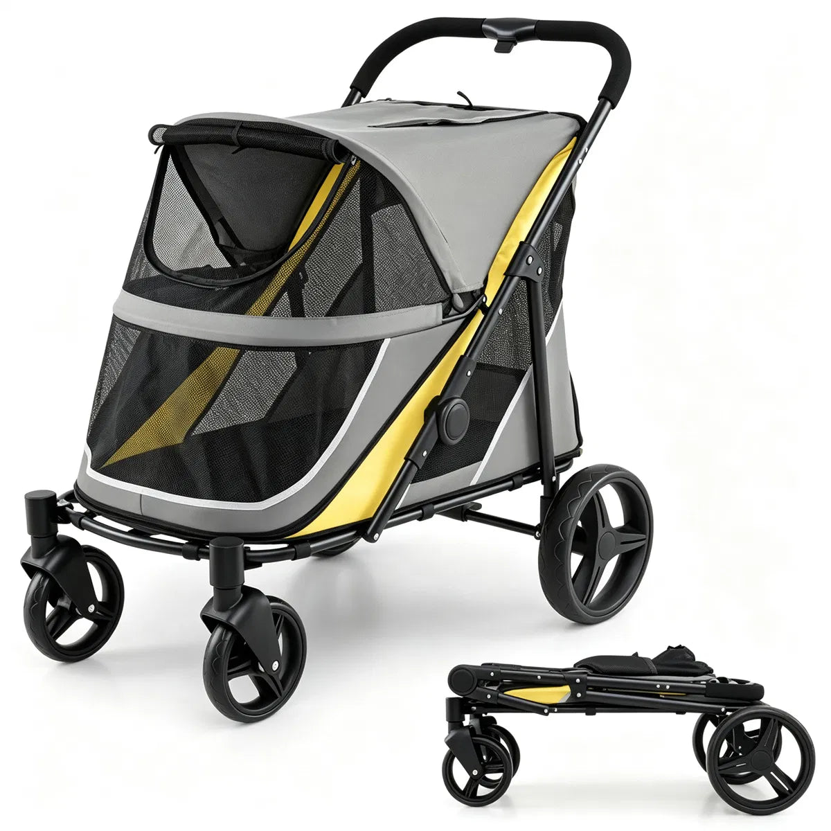Large dog stroller showing the full foldable frame and pet compartment
