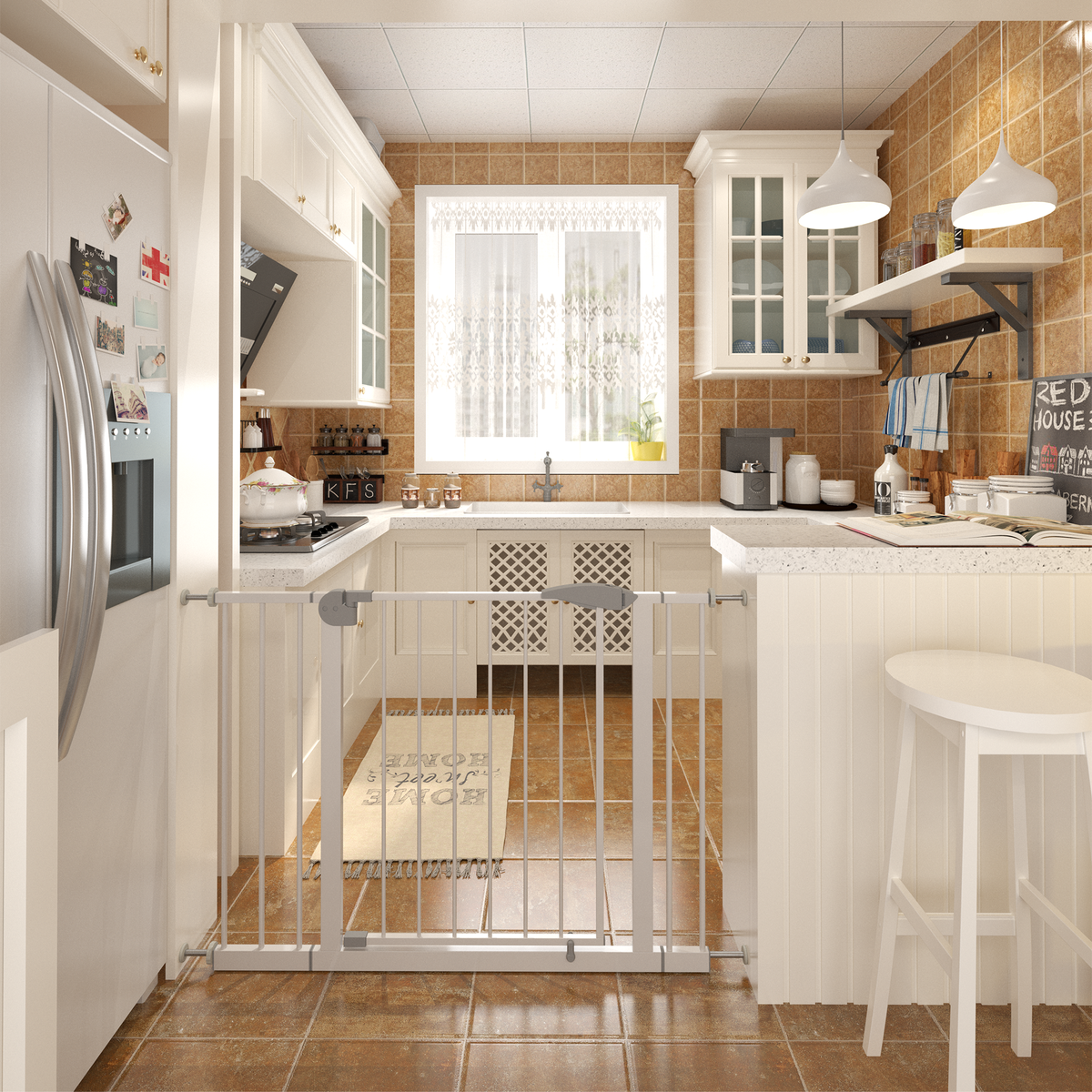 Pressure mounted pet gate in white for indoor doorways