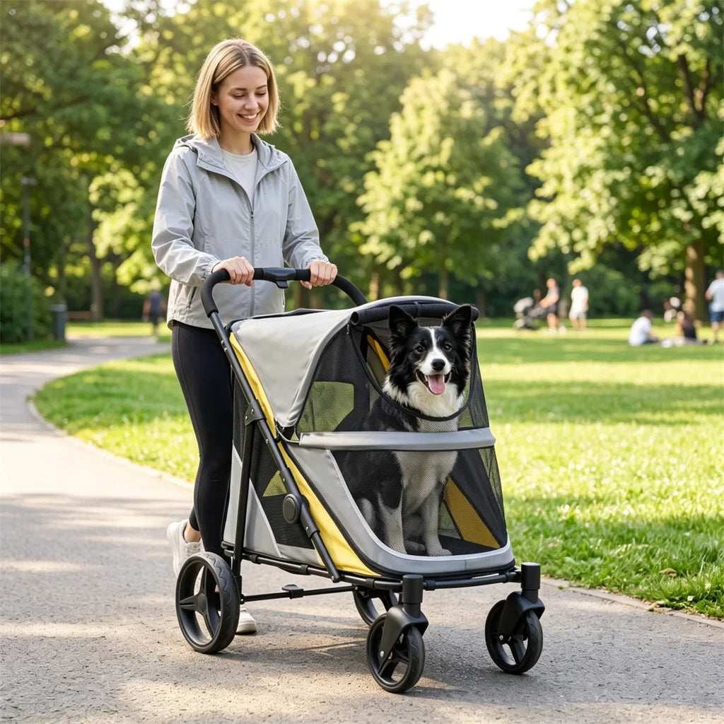 Large dog stroller showing the full foldable frame and pet compartment
