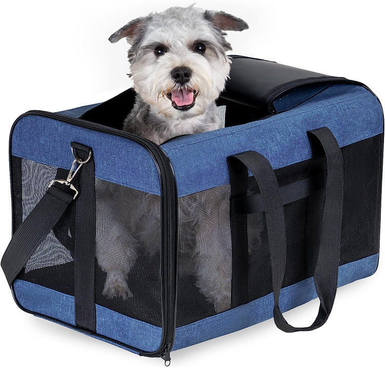 Portable pet carrier bag shown in its unfolded carrying shape