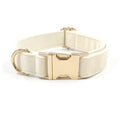 1. Cream dog collar with tufted texture and gold-tone buckle  2. Cream dog collar displayed flat to show its overall design  3. Cream dog collar close-up showing the gold-tone buckle detail  4. Cream dog collar showing the tufted surface texture  5. Cream dog collar worn by a dog during an outdoor walk  6. Cream dog collar displayed alongside coordinating pet accessories