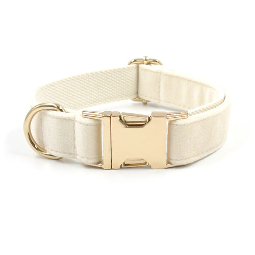 1. Cream dog collar with tufted texture and gold-tone buckle  2. Cream dog collar displayed flat to show its overall design  3. Cream dog collar close-up showing the gold-tone buckle detail  4. Cream dog collar showing the tufted surface texture  5. Cream dog collar worn by a dog during an outdoor walk  6. Cream dog collar displayed alongside coordinating pet accessories
