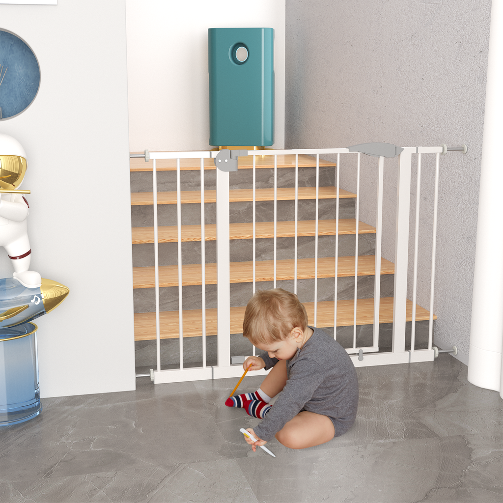 Pressure mounted pet gate in white for indoor doorways