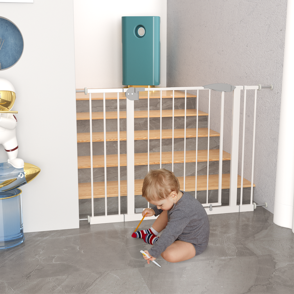 Pressure mounted pet gate in white for indoor doorways