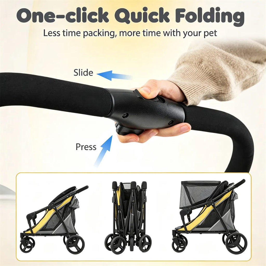 Large dog stroller showing the full foldable frame and pet compartment