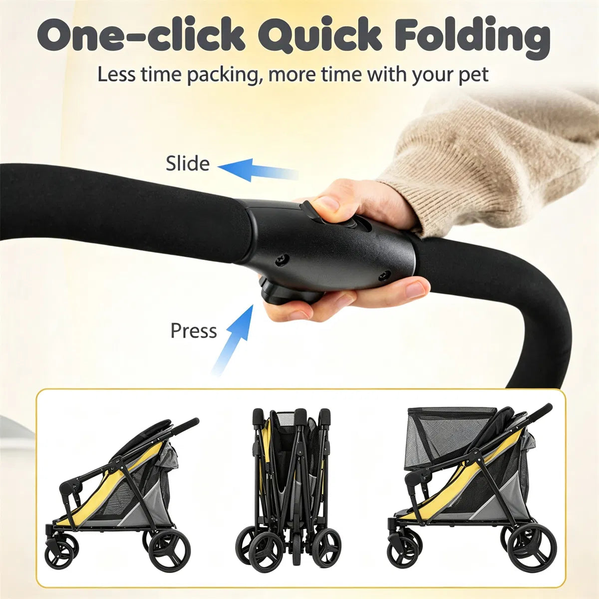Large dog stroller showing the full foldable frame and pet compartment